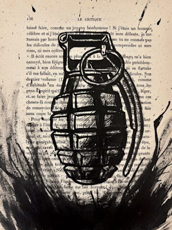 Grenade, encre de Chine sur page de livre, boutique de Franck Saïssi