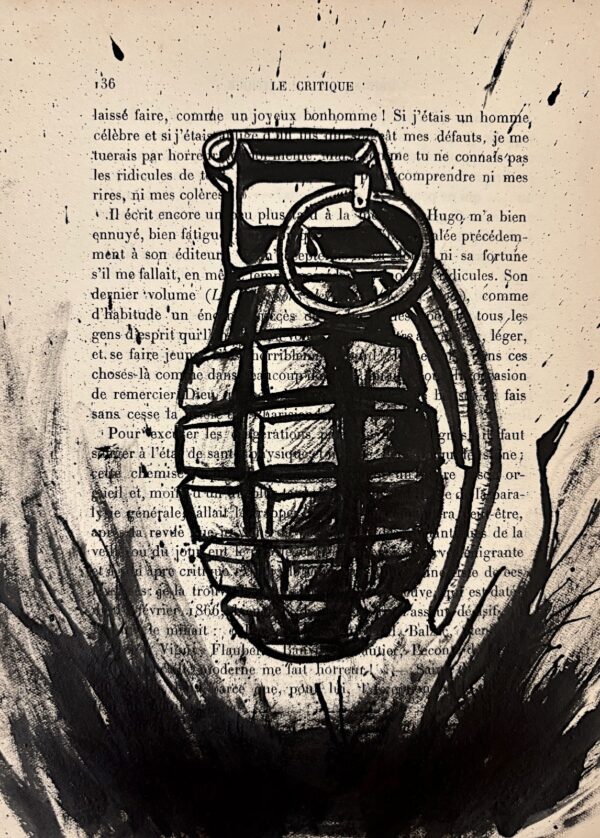 Grenade, encre de Chine sur page de livre, boutique de Franck Saïssi