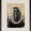 Grenade, cadre, encre de Chine sur page de livre, boutique de Franck Saïssi