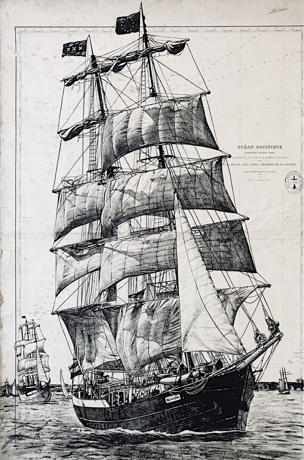 Le Mercedes - dessin à l'encre de Chine sur carte marine ancienne par Franck Saïssi