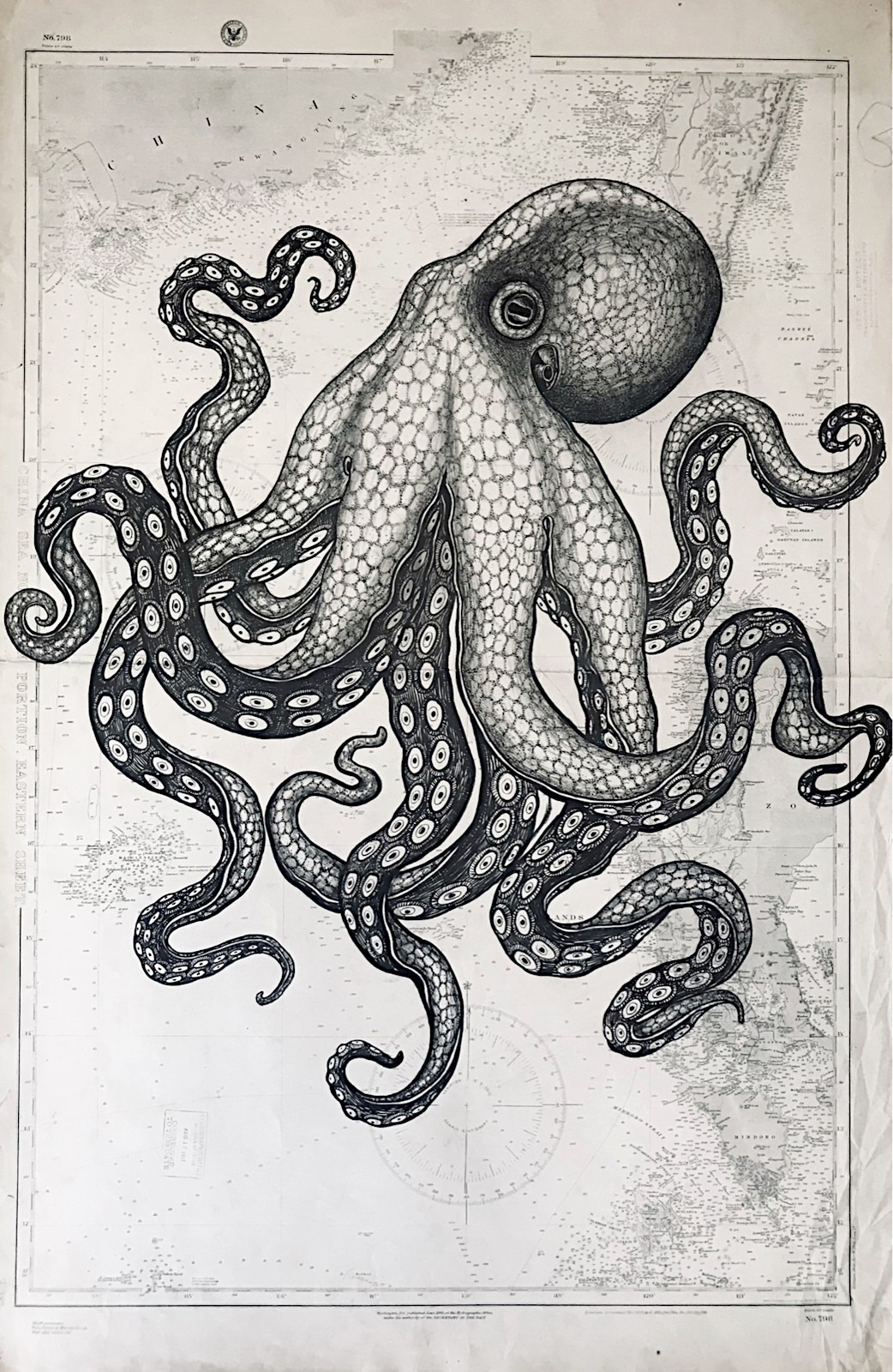 La pieuvre - dessin à l'encre de Chine sur carte marine ancienne par Franck Saïssi
