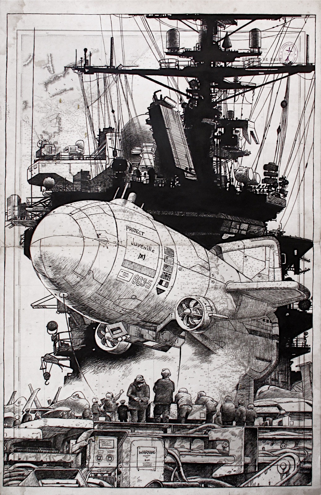 Projet M - dessin à l'encre de Chine sur carte marine ancienne par Franck Saïssi