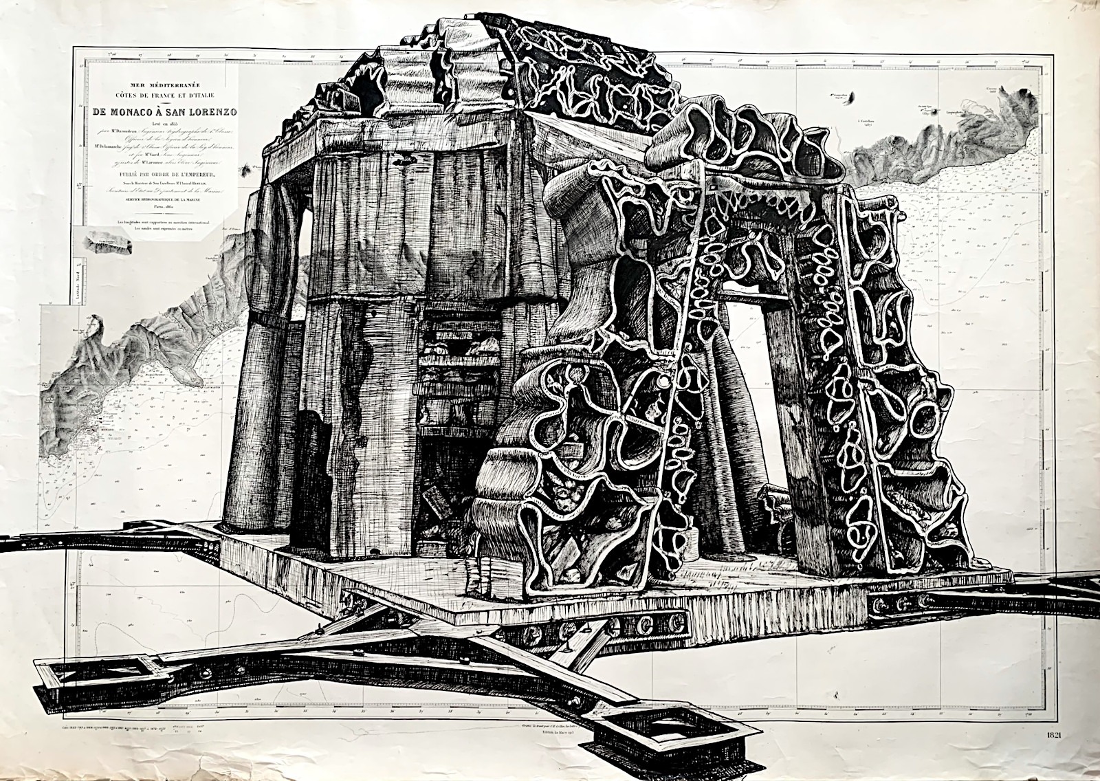 Récif artificiel - dessin à l'encre de Chine sur carte marine ancienne par Franck Saïssi