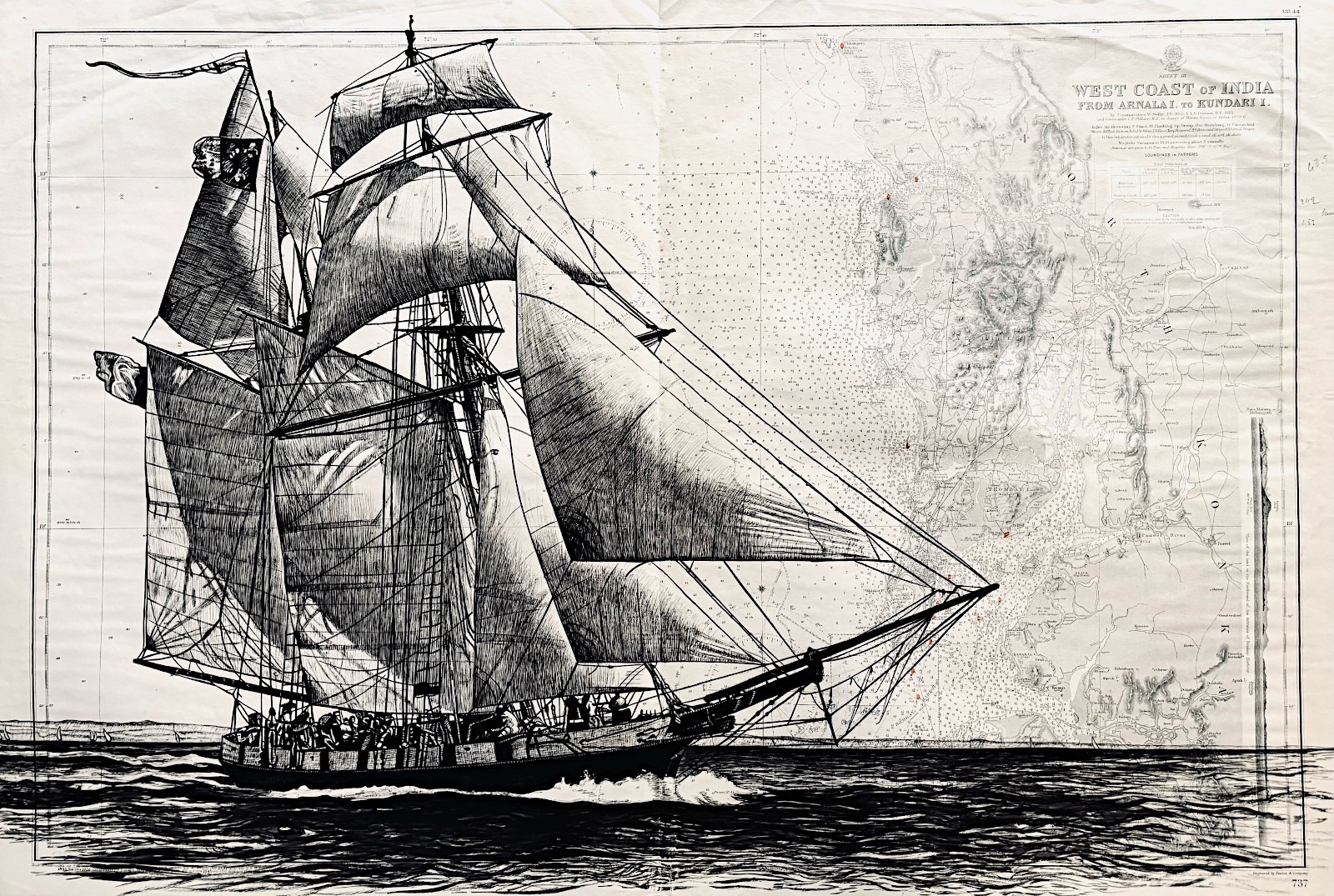 La Recouvrance - dessin à l'encre de Chine sur carte marine ancienne par Franck Saïssi