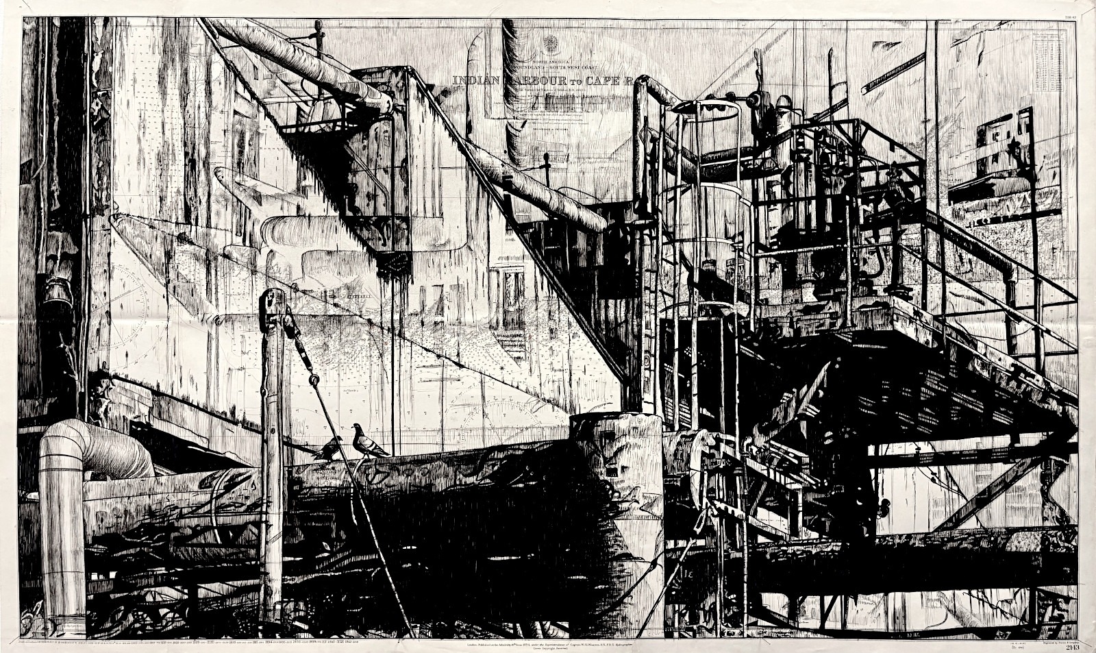 Indian Harbour, section III, encre de Chine sur carte marine par Franck Saïssi, 2025, représentant une structure industrielle complexe.