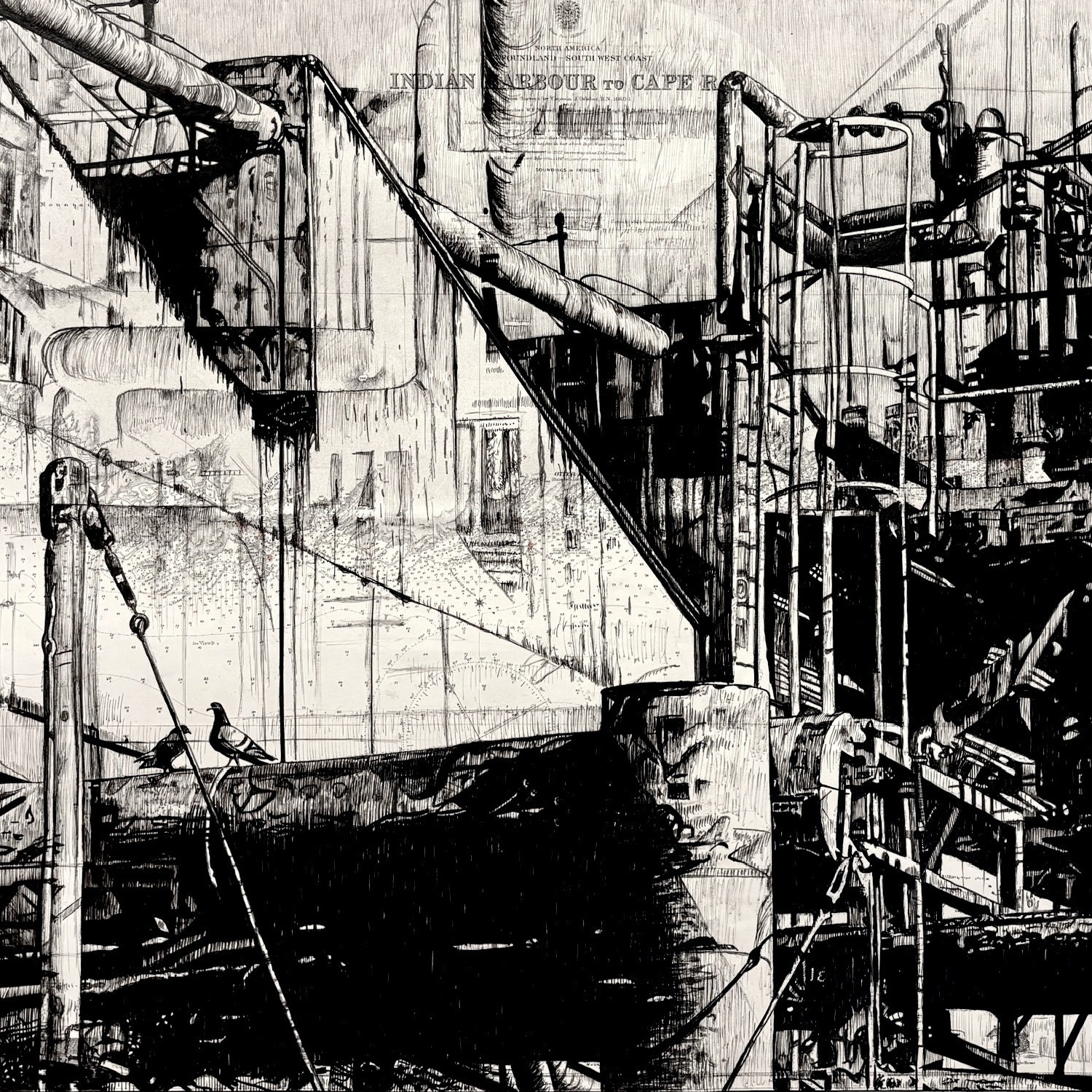 Section III, détail carré , encre de Chine sur carte marine par Franck Saïssi