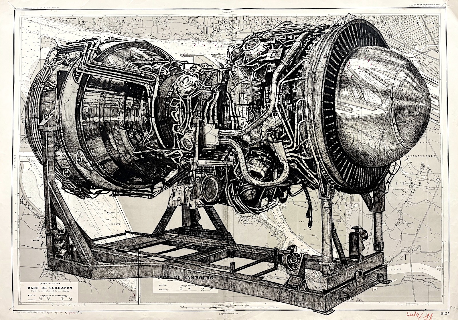 Turbine - dessin à l'encre de Chine sur carte marine ancienne par Franck Saïssi