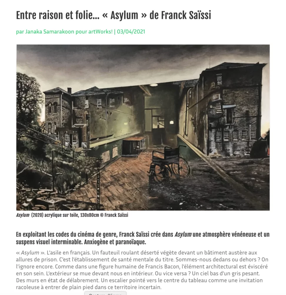 Article de Janaka Samarakoon pour Artworks a propos du tableau "Asylum" de Franck Saïssi
