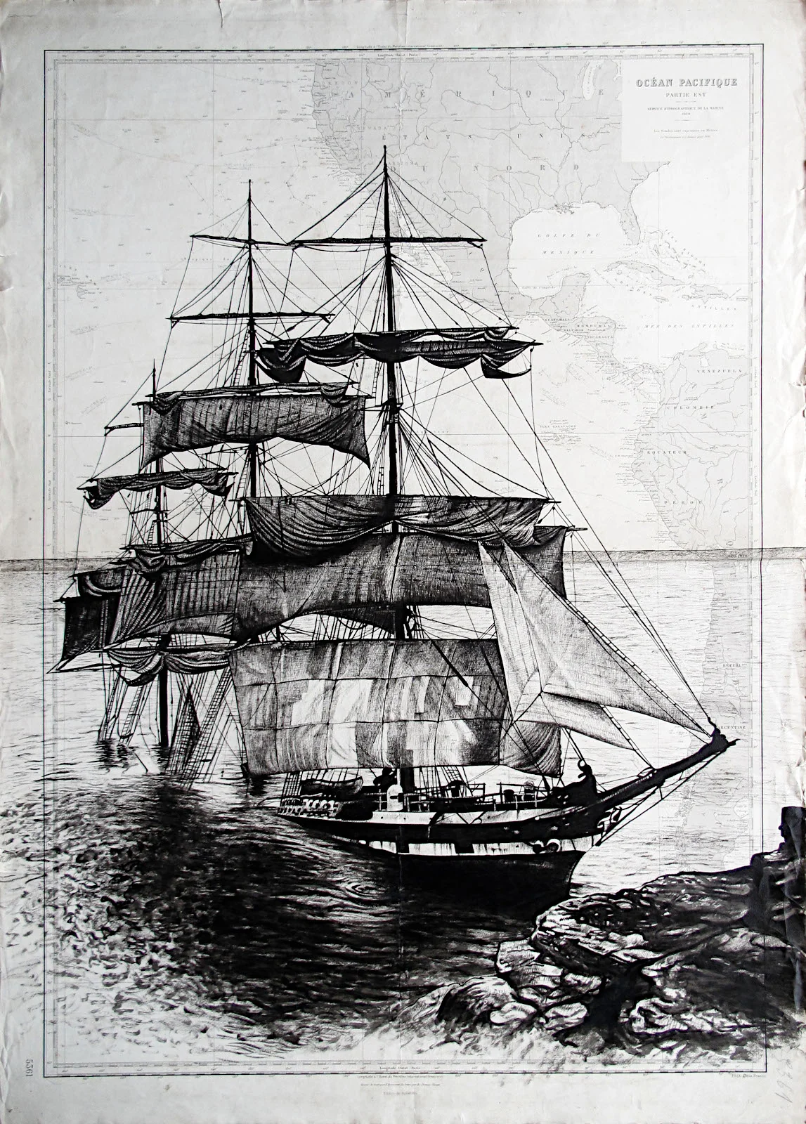 Cromdale - dessin contemporain de Franck Saïssi, encre de Chine sur carte marine