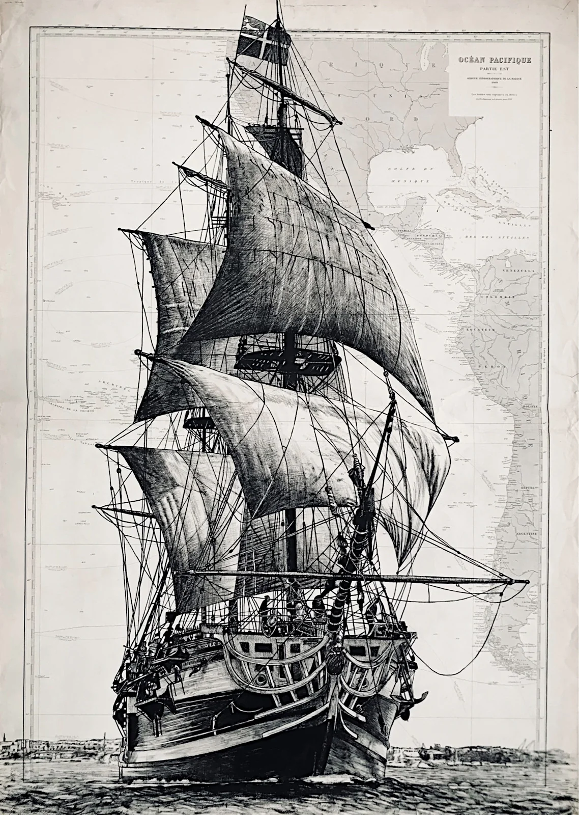 L’Étoile du Roy 2 - dessin contemporain de Franck Saïssi, encre de Chine sur carte marine
