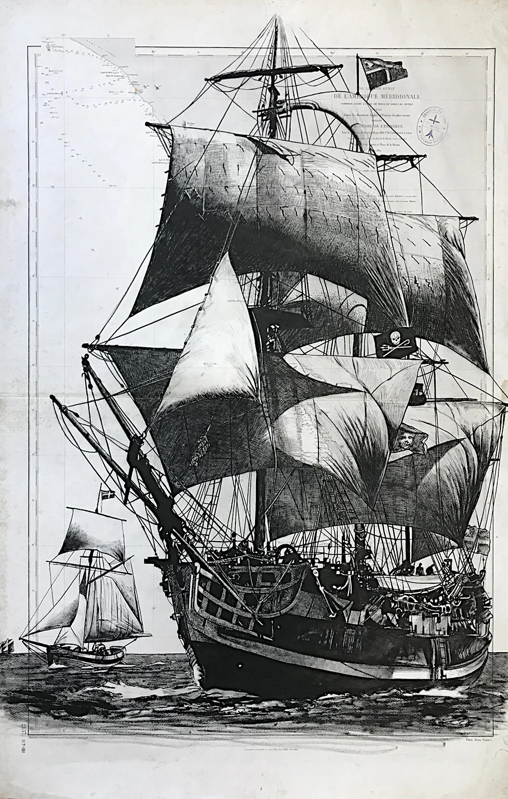 L’Étoile du Roy - dessin contemporain de Franck Saïssi, encre de Chine sur carte marine