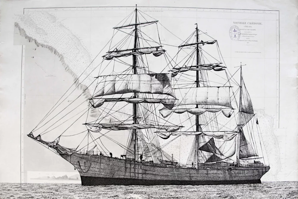 Le Général de Sonis - dessin contemporain de Franck Saïssi, encre de Chine sur carte marine