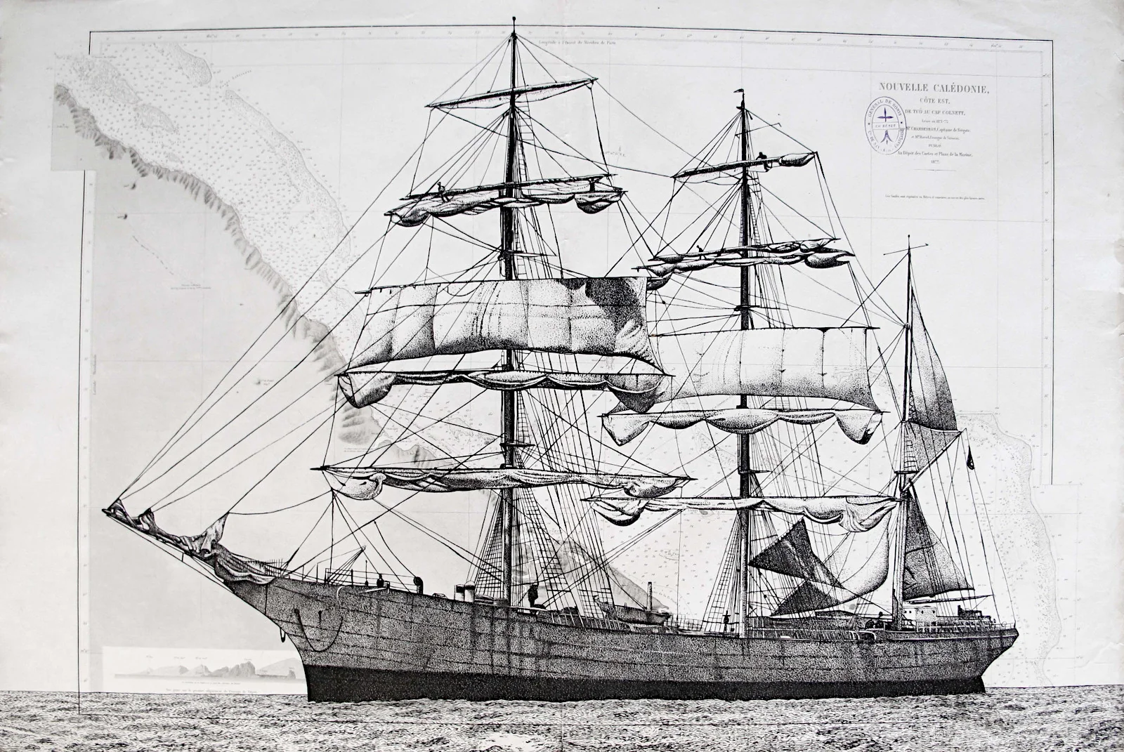 Le Général de Sonis - dessin contemporain de Franck Saïssi, encre de Chine sur carte marine