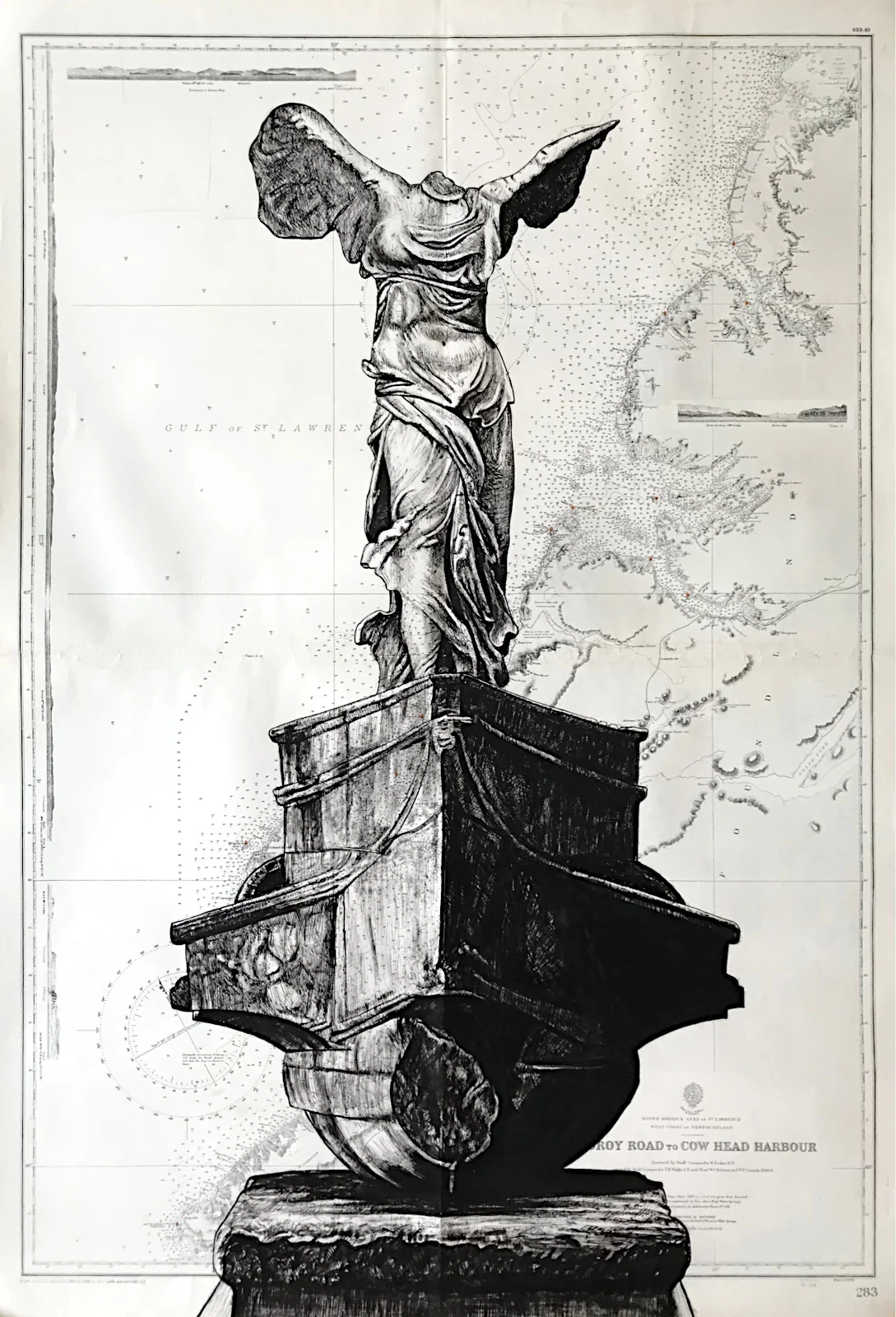 La Victoire de Samothrace - dessin contemporain de Franck Saïssi, encre de Chine sur carte marine