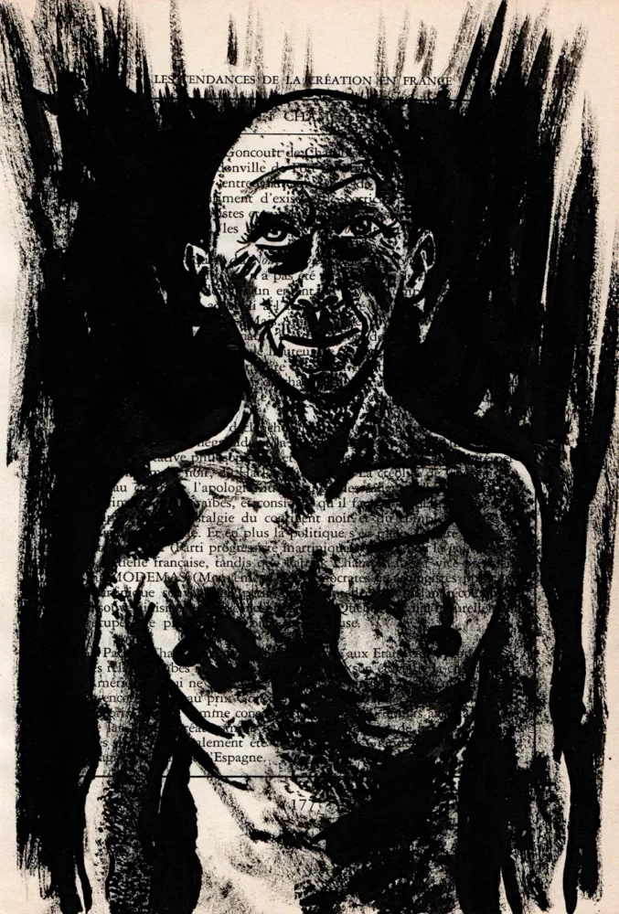 Le Vosgien - dessin à l'encre de Chine sur page de livre par Franck Saïssi, série Portraits mentaux