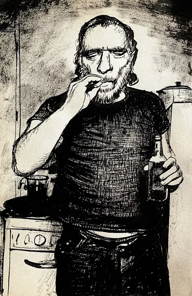 Bukowski - dessin à l'encre de Chine sur page de livre par Franck Saïssi, série Portraits mentaux