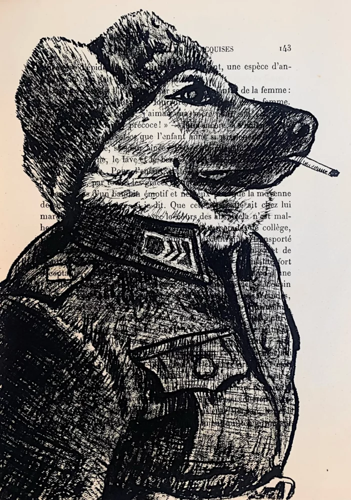 Soldat - dessin à l'encre de Chine sur page de livre par Franck Saïssi, série Territoires en ruine