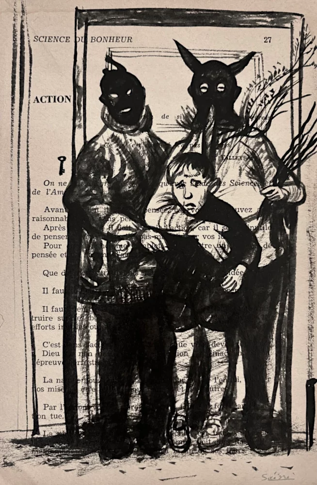 L'enfance - dessin à l'encre de Chine sur page de livre par Franck Saïssi, série Portraits mentaux