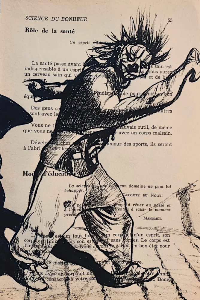 L'esprit sain - dessin à l'encre de Chine sur page de livre par Franck Saïssi, série Portraits mentaux