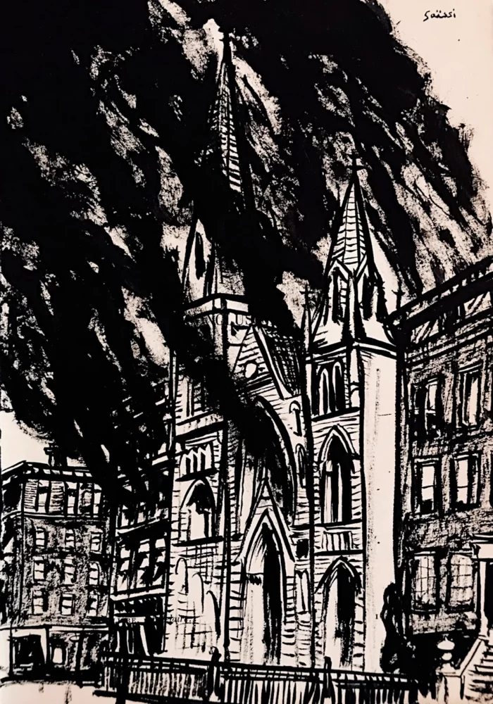 Incendie - dessin à l'encre de Chine sur page de livre par Franck Saïssi, série Territoires en ruine