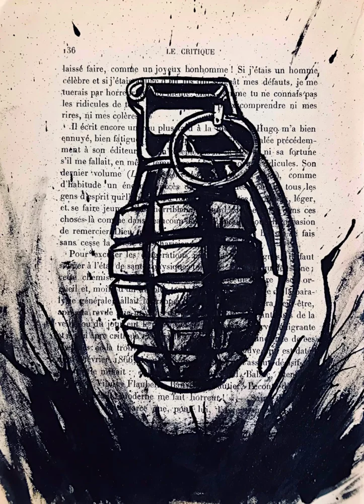 Grenade - dessin à l'encre de Chine sur page de livre par Franck Saïssi, série Territoires en ruine