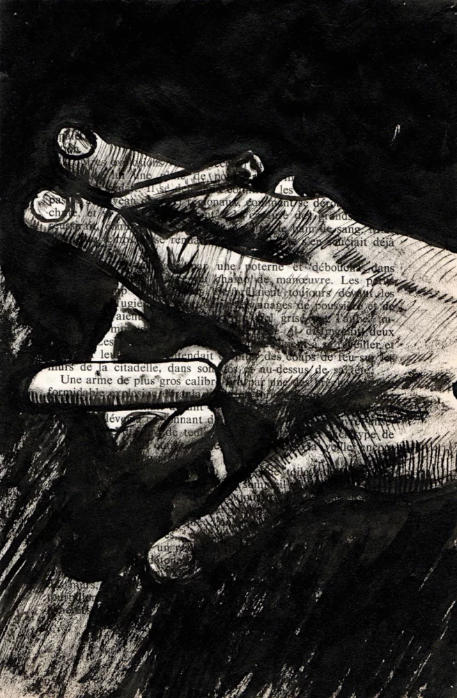 La main - dessin à l'encre de Chine sur page de livre par Franck Saïssi, série Territoires en ruine