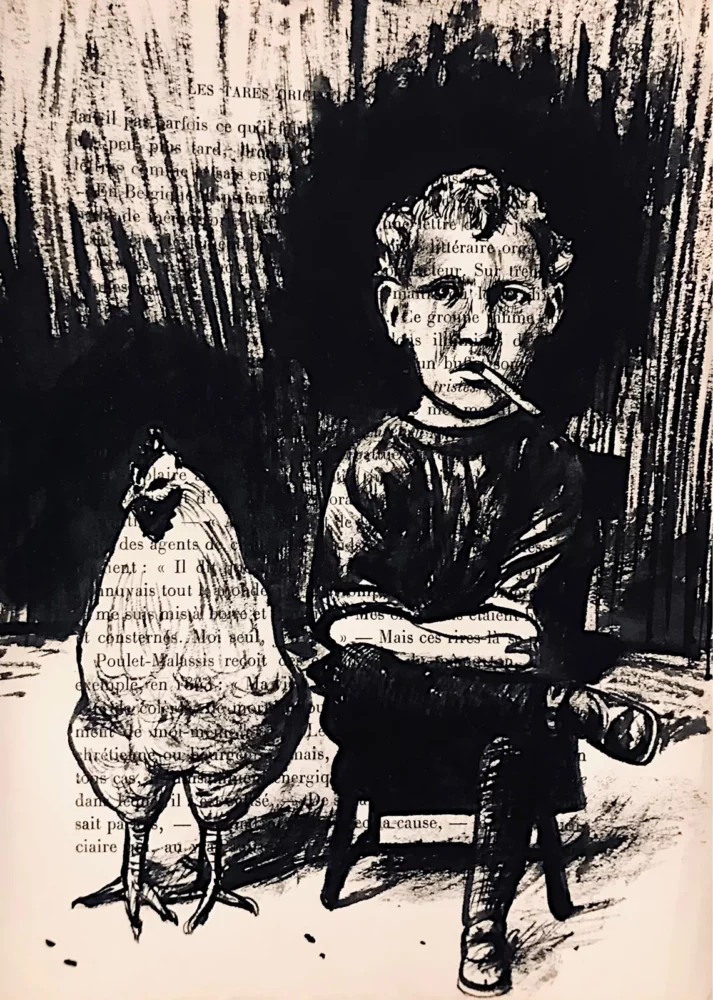 Me and my chick - dessin à l'encre de Chine sur page de livre par Franck Saïssi, série Portraits mentaux