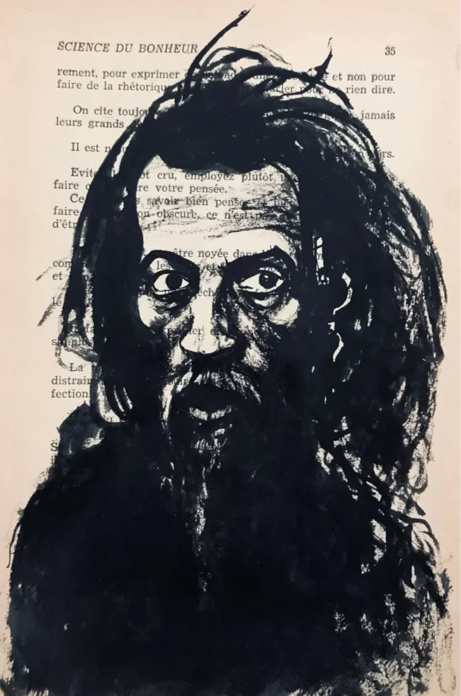 Oku - dessin à l'encre de Chine sur page de livre par Franck Saïssi, série Portraits mentaux