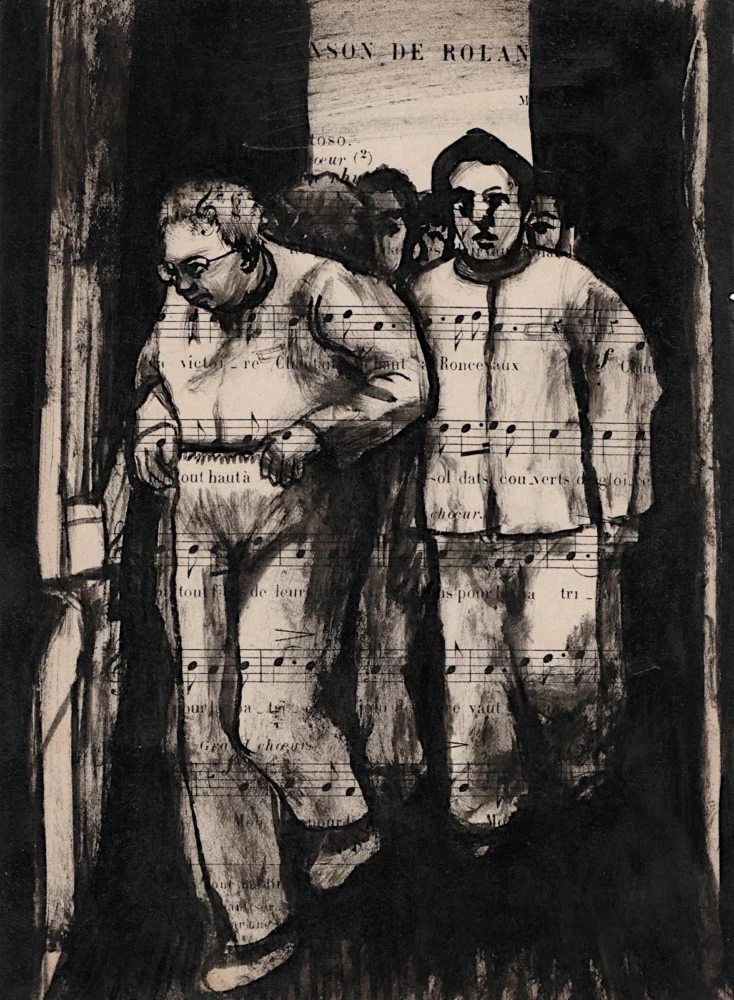 Patients - dessin à l'encre de Chine sur page de livre par Franck Saïssi, série Portraits mentaux