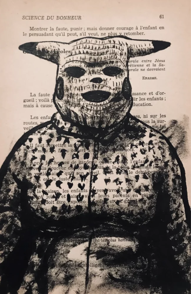 Pikachu - dessin à l'encre de Chine sur page de livre par Franck Saïssi, série Fables d'ombres