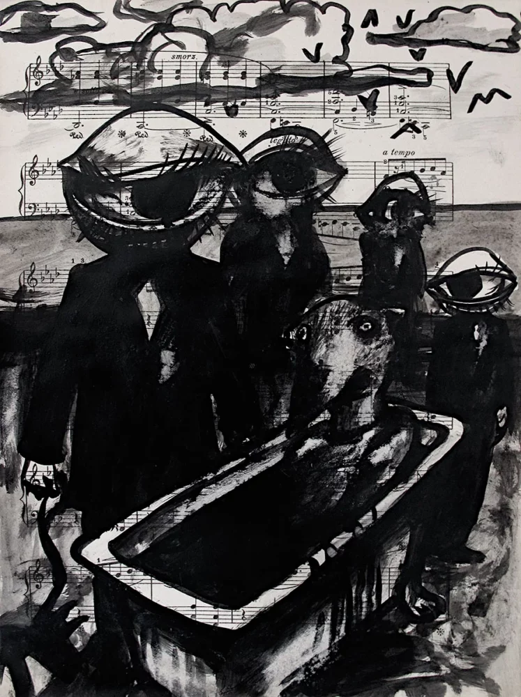 La plage - dessin à l'encre de Chine sur page de livre par Franck Saïssi, série Fables d'ombres