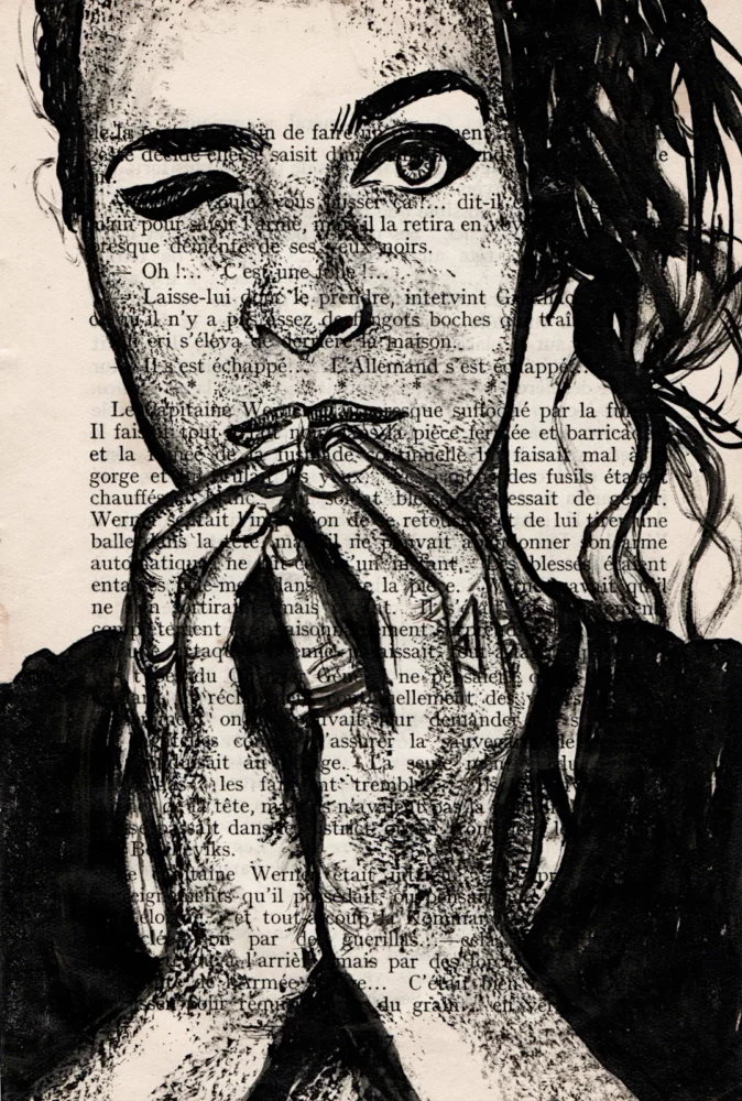 Sita - dessin à l'encre de Chine sur page de livre par Franck Saïssi, série Portraits mentaux