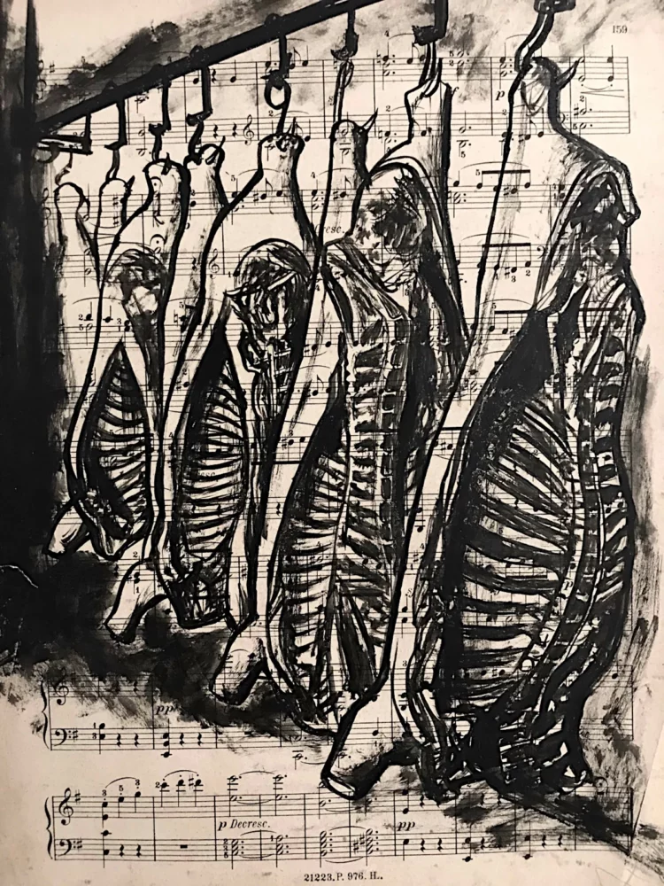 Viande - dessin à l'encre de Chine sur partition par Franck Saïssi, série Fables d'ombres