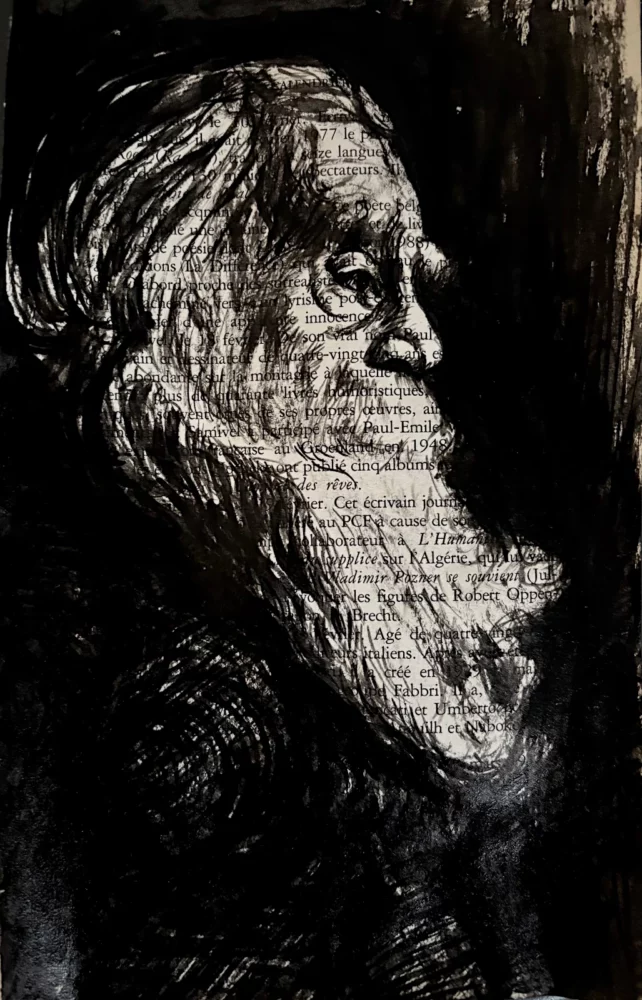 Vieillard - dessin à l'encre de Chine sur page de livre par Franck Saïssi, série Portraits mentaux