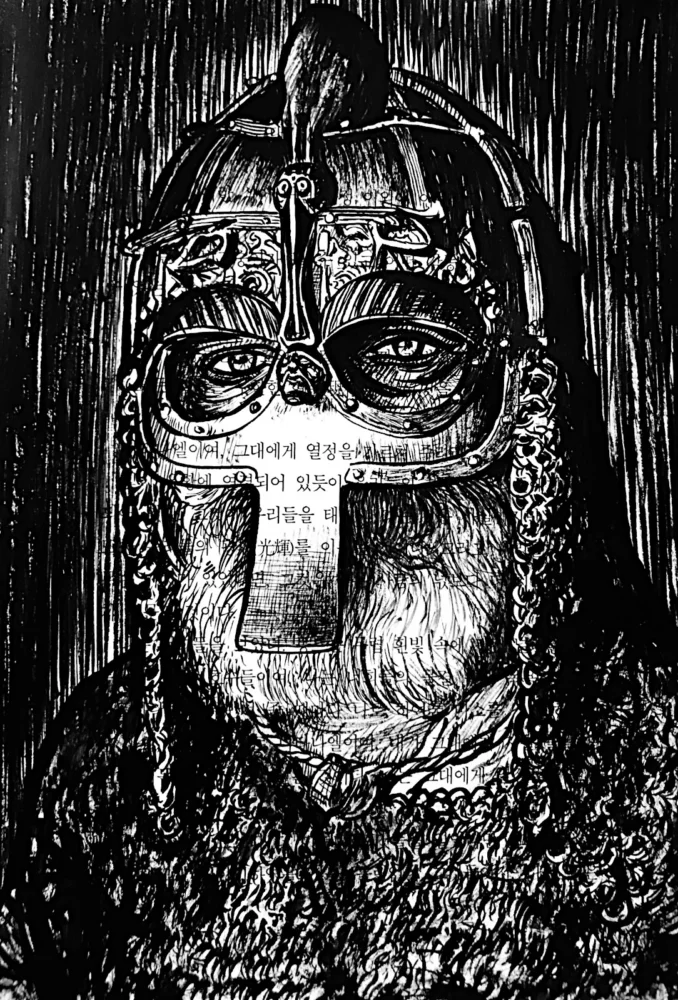 Viking - dessin à l'encre de Chine sur page de livre par Franck Saïssi, série Fables d'ombres