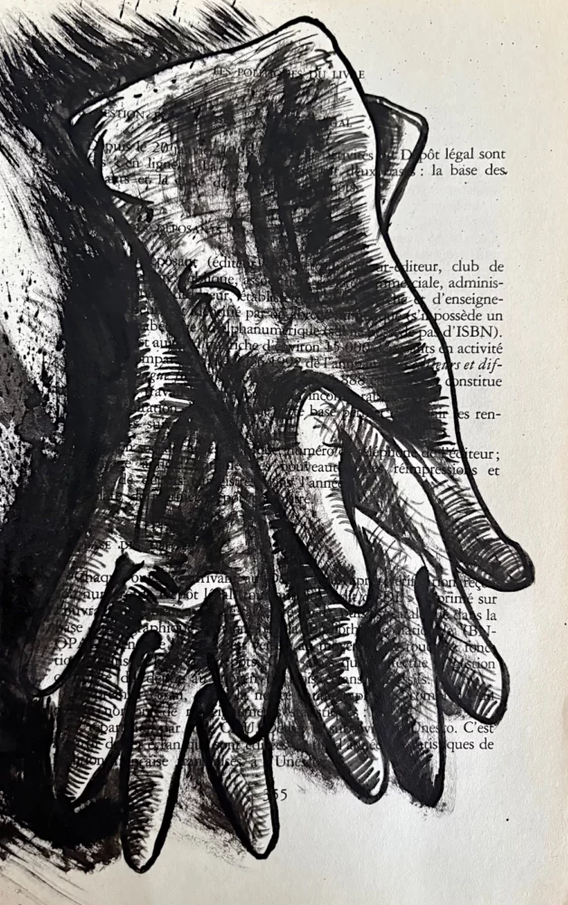 Gants, encre de Chine sur page de livre par Franck Saïssi