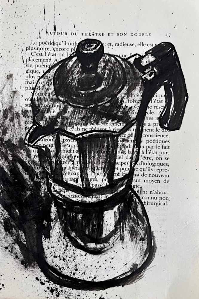 La Moka, encre de Chine sur page de livre par Franck Saïssi