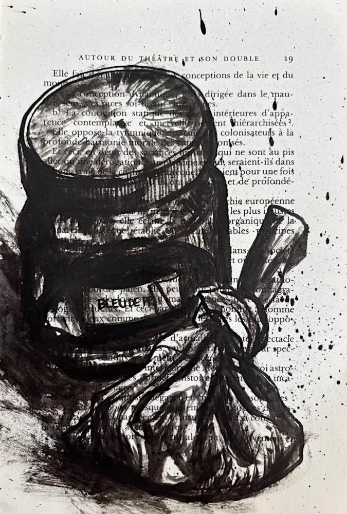 Pigment, encre de Chine sur page de livre par Franck Saïssi