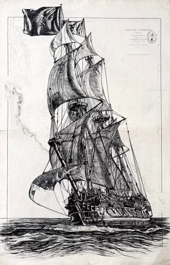 Le Shtandart, encre de Chine sur carte marine, Franck Saïssi