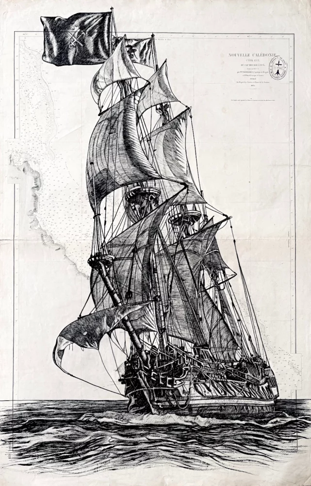 Le Shtandart, encre de Chine sur carte marine, Franck Saïssi