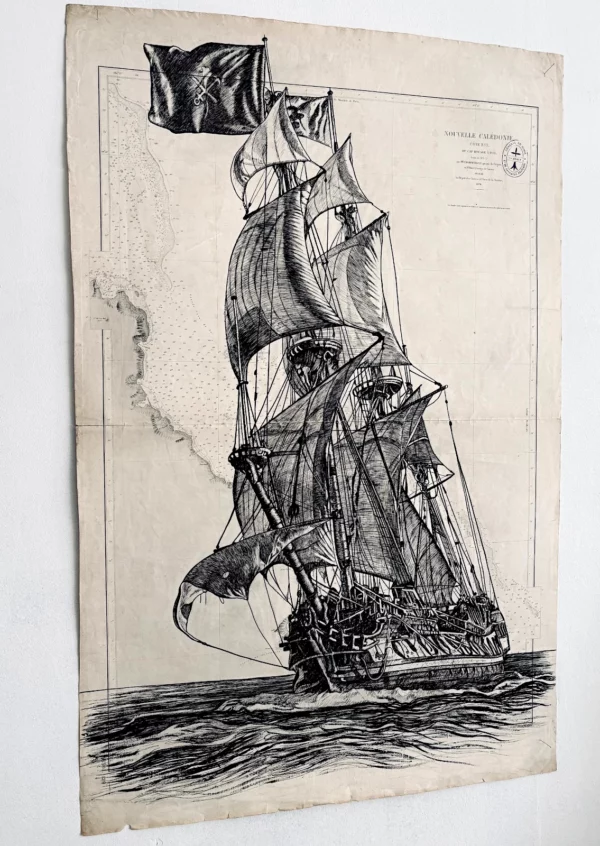 Le Shtandart, vue de côté, encre de Chine sur carte marine, Franck Saïssi
