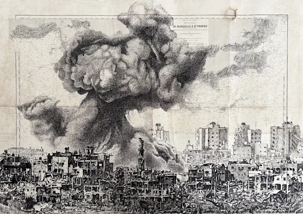 Sous le vent noir, encre de Chine sur carte marine, par Franck Saïssi