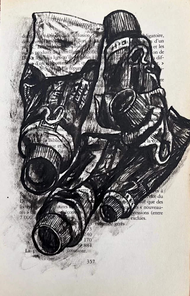 Tubes de peinture à l'huile, encre de Chine sur page de livre par Franck Saïssi
