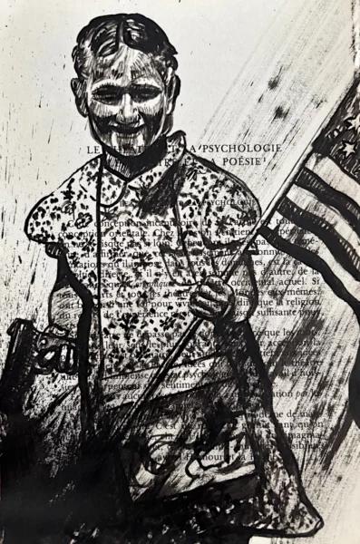 Vive l'Amérique, encre de Chine sur page de livre par Franck Saïssi