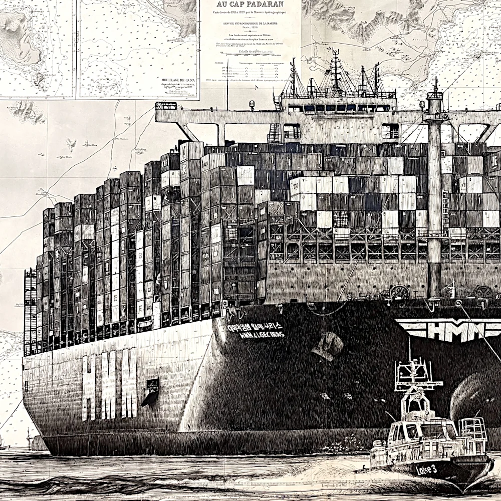 Détail du dessin Cargo, encre de Chine sur carte marine, par Franck Saïssi