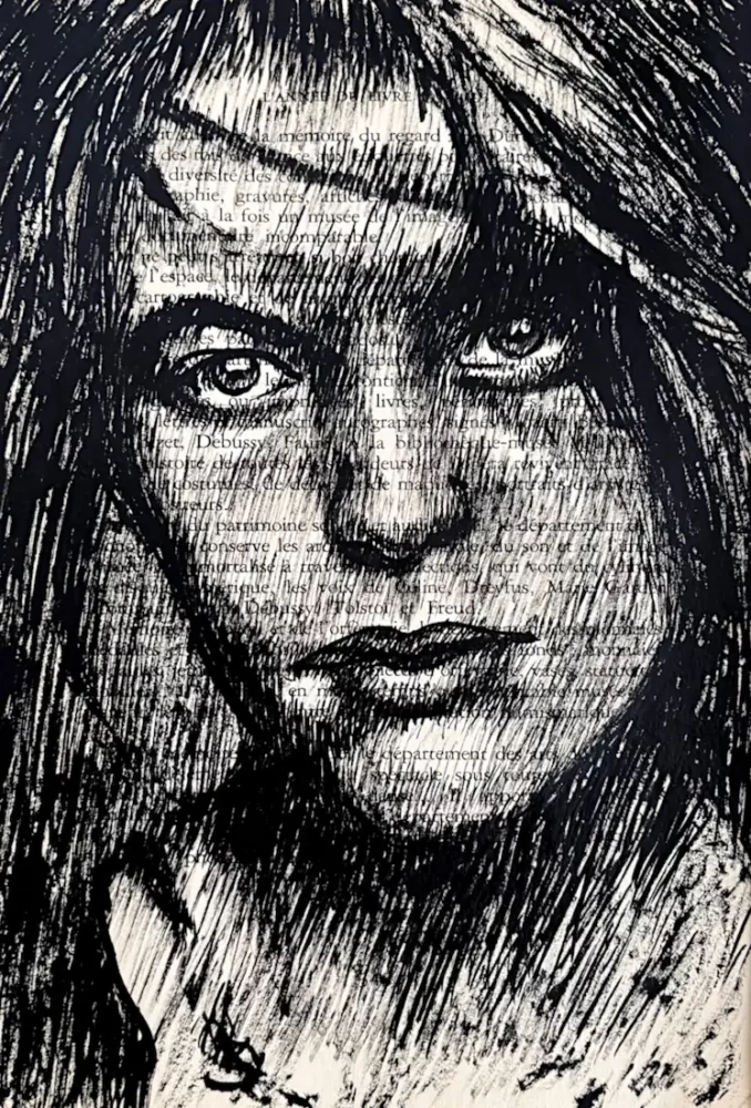 À travers, dessin à l'encre de Chine sur page de livre par Franck Saïssi