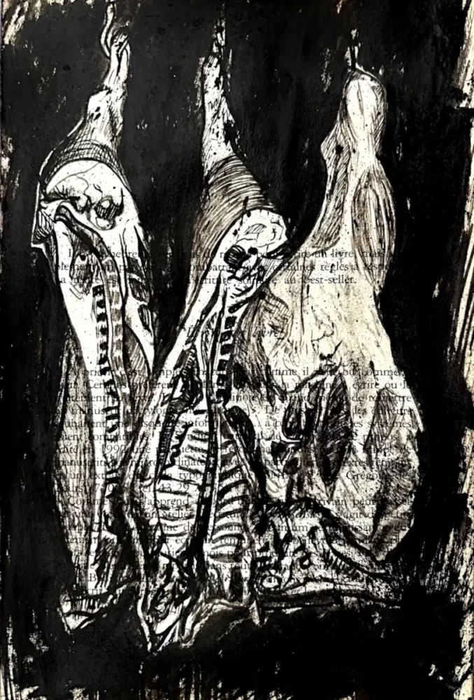 Carcasses de viande, encre de Chine sur page de livre par Franck Saïssi