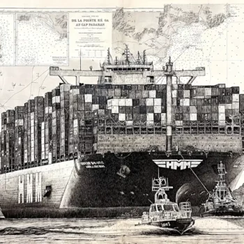 Cargo - dessin contemporain de Franck Saïssi, encre de Chine sur carte marine