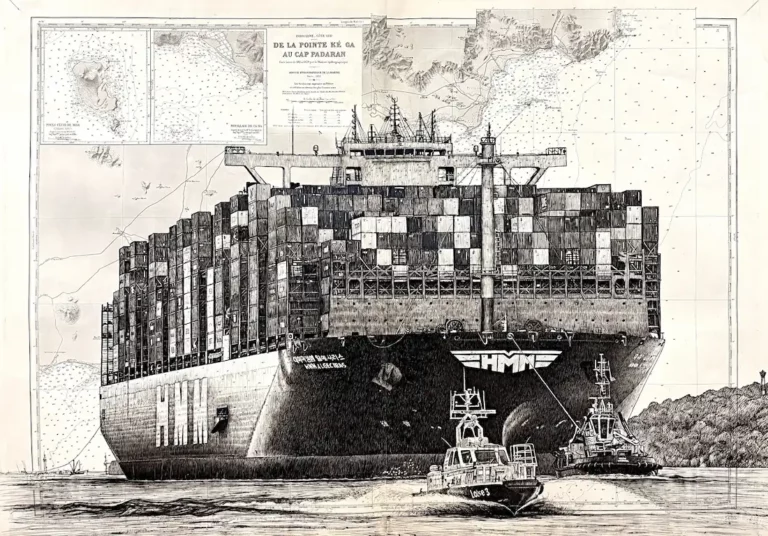 Cargo - dessin contemporain de Franck Saïssi, encre de Chine sur carte marine