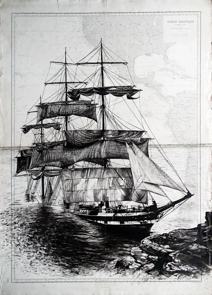 Cromdale - dessin contemporain de Franck Saïssi, encre de Chine sur carte marine